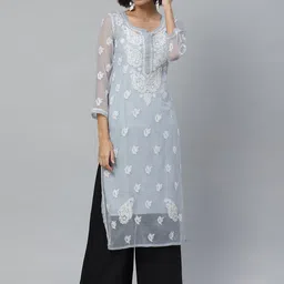 ADA Women Grey & White Chikankari Embroidered Straight Sustainable Handloom Kurta With Slip-image-90