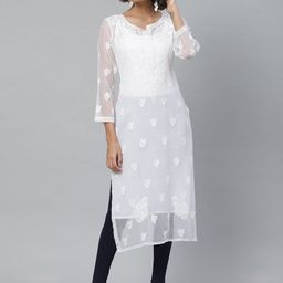 ADA Women White Chikankari Embroidered Straight Sustainable Handloom Kurta With Slip-52