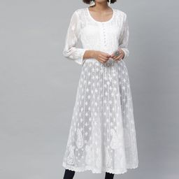 ADA Women White Chikankari Embroidered Anarkali Sustainable Kota Handloom Kurta-image-19