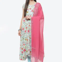 Biba Women Sea Green & Pink Floral Printed Pleated Kurta With Churidar & Dupatta-image-28