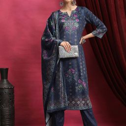 Vishudh Navy Blue Floral Printed Mandarin Collar Straight Kurta & Palazzos With Dupatta-picture-12
