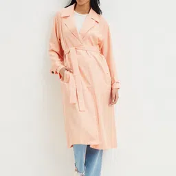 DOROTHY PERKINS Women Peach-Coloured Solid Cotton Longline Trench Coat Comes With Belt-picture-23