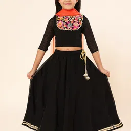 A T U N Girls Black & Orange Embroidered Ready to Wear Lehenga & Blouse With Dupatta-image-95