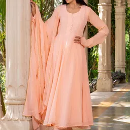 HOUSE OF JAMOTI Round Neck Long Sleeves Empire Anarkali Kurta With Trousers & Dupatta-picture-34