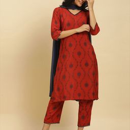 W Floral Woven Design V-Neck Regular Sequinned Kurta With Trousers & Dupatta-image-65