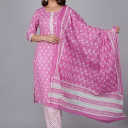 KALINI Women Pink Ethnic Motifs Printed Pure Cotton Kurta with Trouser & Dupatta-15