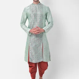 DEYANN Men Green Printed Panelled Dupion Silk Kurta with Dhoti Pants-22