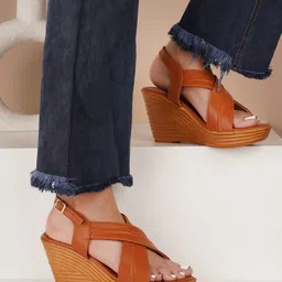 The Roadster Lifestyle Co. Tan Brown Textured Open Toe Wedges With Backstrap-7