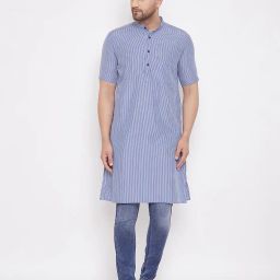 even Striped Long Kurta with Patch Pocket image 1