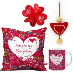 indigifts Typographic Print Square Cushion with Mug & Heart Hanging image 1