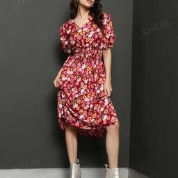 Shein Bohemian Puff Sleeves Floral Print Elasticated Waist Empire Dress-image-53
