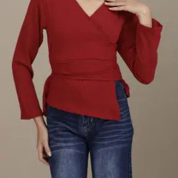 Shein Full Sleeves Pleated Waist Textured Wrap Top-image-93