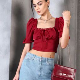 Shein Puff Sleeves Textured Front Tie-Up Crop Top with Zip-image-68