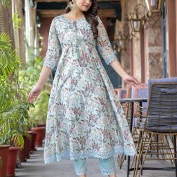 kiana house of fashion Leaf Print A-Line Kurta Set with Dupatta image 2