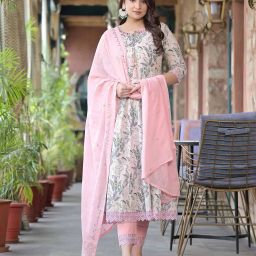 kiana house of fashion Leaf Print A-Line Kurta Set with Dupatta image 2