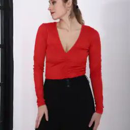 Shein Full Sleeve Front Ruched Panelled Bodysuit-image-75
