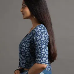 indie picks Natural Indigo Dyed Dabu Print Front-Open Blouse image 2