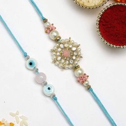 karatcart Men Set of 2 Evil-Eye Floral Kundan Rakhis with Roli & Chawal image 4
