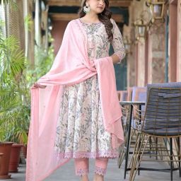 kiana house of fashion Leaf Print A-Line Kurta Set with Dupatta image 4