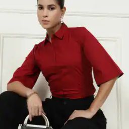 Shein Short Length Elbow-length Stylised Sleeves Spread Collar Curved Hem Shirt-image-78