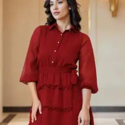 Shein Casual Collar Neck Peasant Sleeves Layered Hem Mini Tiered Dress-image-85