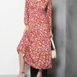 Shein Peasant Sleeves Floral Print Tiered Dress-image-78
