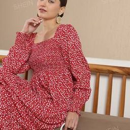 Shein Modest Bishop Sleeves Flounce Hem Smocked Detail Fit & Flare Dress-image-85