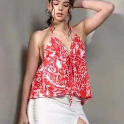 Shein Casual Tie-Up Deep V Neck Abstract Print Backless Top-image-62