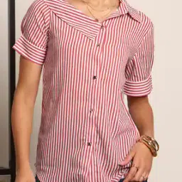 Shein Drop Shoulder Asymmetric Neck Stripes Short-image-67