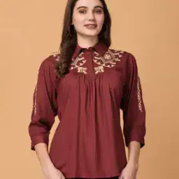 Women Regular Fit Embroidered Top with Collar Neck-picture-4