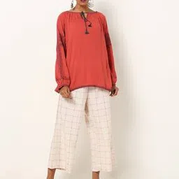 biba Embroidered A-line Kurti with Checked Pants-picture-7
