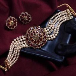 Women Stone-Studded Necklace & Earrings Set-image-56