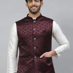 Slim Fit Nehru Jacket with Leaf Woven Motifs-36