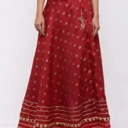 Women Floral Foil Print Flared Skirt-image-1