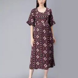 Geometric Print Fit & Flare Dress with Round Neck-image-7