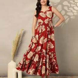 Cotton Calf Length Printed Flared Sleeveless Sweetheart Neck Dress-10