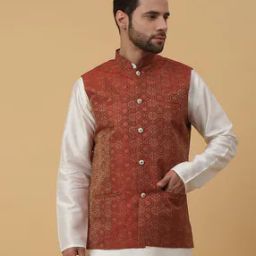 Men Floral Woven Fitted Nehru jacket with Welt Pockets-picture-31