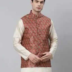Ikat Print Nehru Jacket with Welt Pocket-10