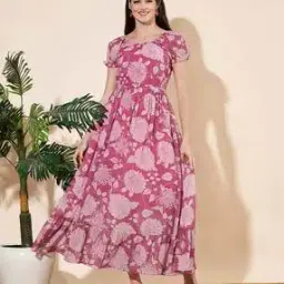 Women Floral Print Tiered Dress with Short Sleeves-image-6