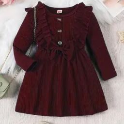 Girls Ribbed A-Line Dress with Full Sleeves-picture-26
