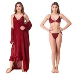 Pack of 4 Women V-Neck Satin Nighti Set-image-4