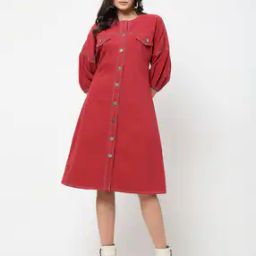 Women Round Neck Denim Dress-24