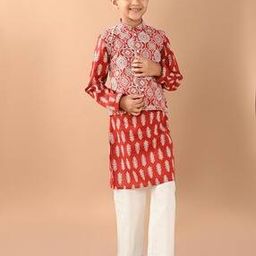 Printed Kurta Pyjamas Set with Nehru Jacket-image-78
