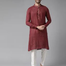 Woven Long Kurta with Mandarin Collar-image-4