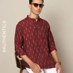 South Ikat Cotton Short Kurta with Roll-Up Sleeves & Patch Pocket-37