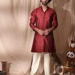 Men Floral Woven Regular Fit Long Kurta with Mandarin Collar -image-2