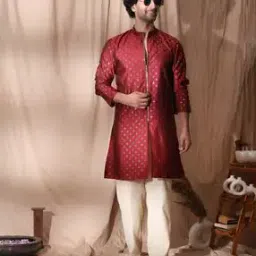 Men Floral Woven Regular Fit Long Kurta with Mandarin Collar -image-21