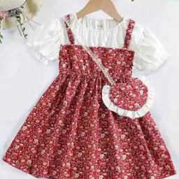 Girls Floral Print A-Line Dress with Bag-image-73