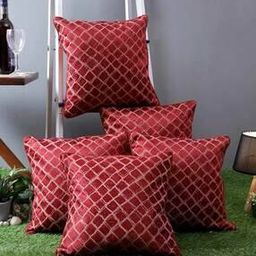 Polyester Check Printed Cushion Cover 16x16 Inch Set of 5 - Maroon-28