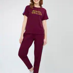 Women Typographic Print Round-Neck T-Shirt & Pyjamas Set-picture-17